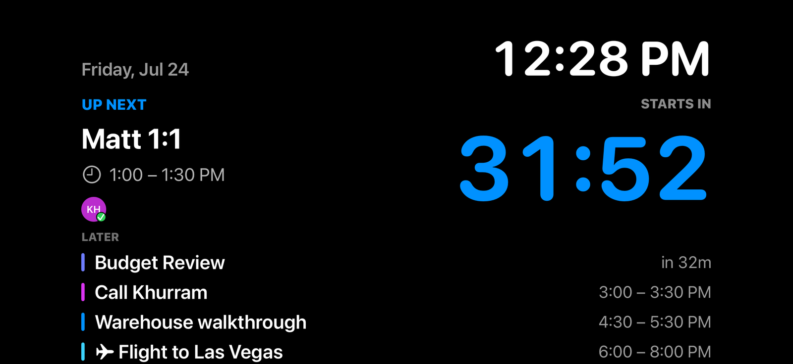 Display Mode — a full-screen landscape dashboard with the current time, a live countdown to the next meeting, and the rest of the day’s schedule