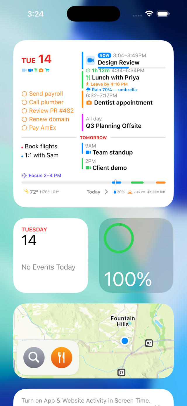 The large Day Glance Pro widget on the iPhone Home Screen