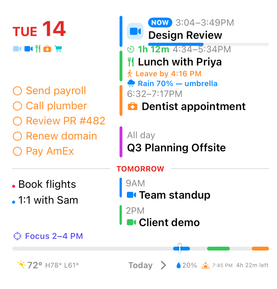 The large Day Glance Pro widget — the full day: meetings, reminders, weather and a tomorrow preview