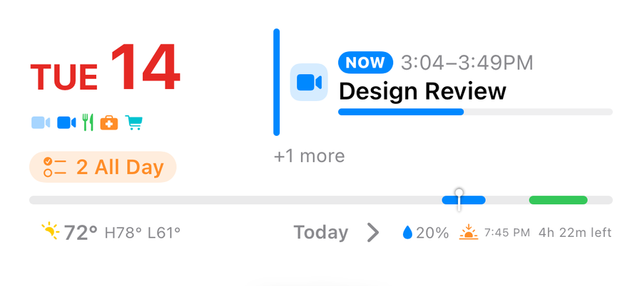 The medium Day Glance Pro widget — your next meeting, day at a glance and weather